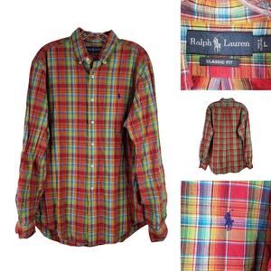 Polo Ralph Lauren Oxford Button Down Shirt Men's Large Madras Plaid Long Sleeve